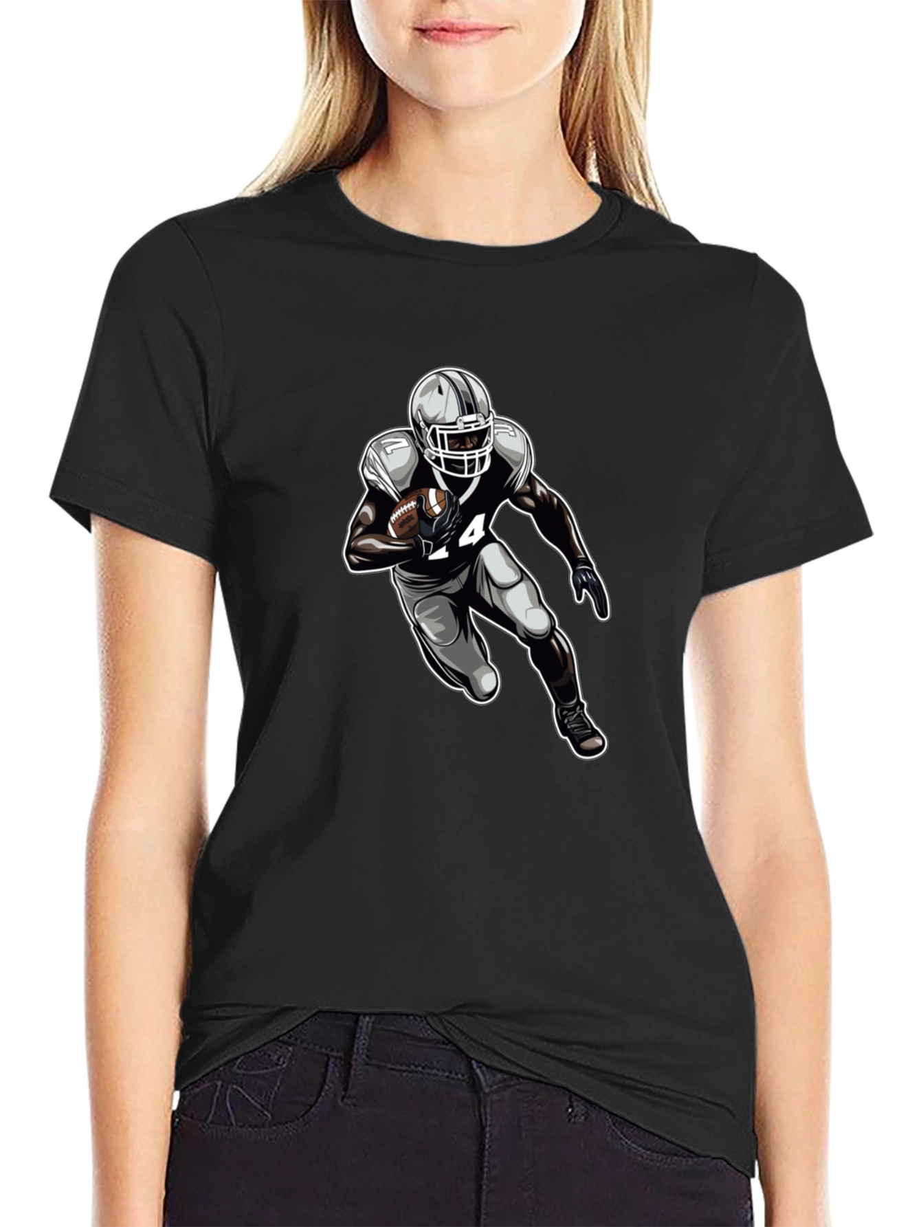 Football Player Graphic Tee - Black Cotton T-Shirt