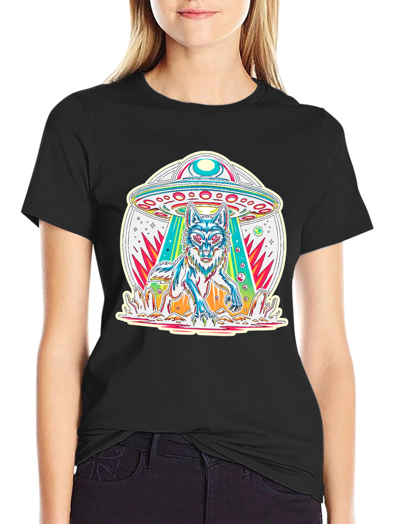 UFO Wolf Graphic Tee - Trendy Alien Abduction T-Shirt