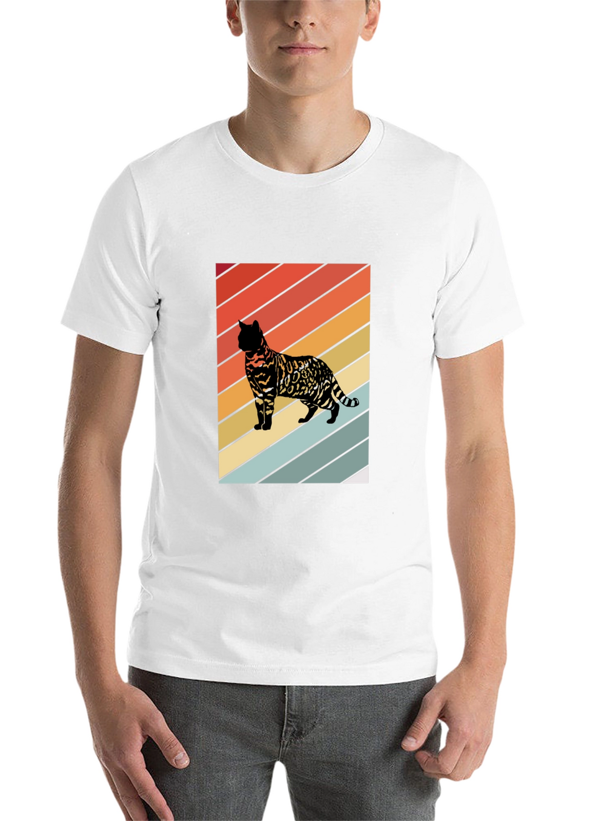 Retro Cat Graphic T-Shirt - Striped Design