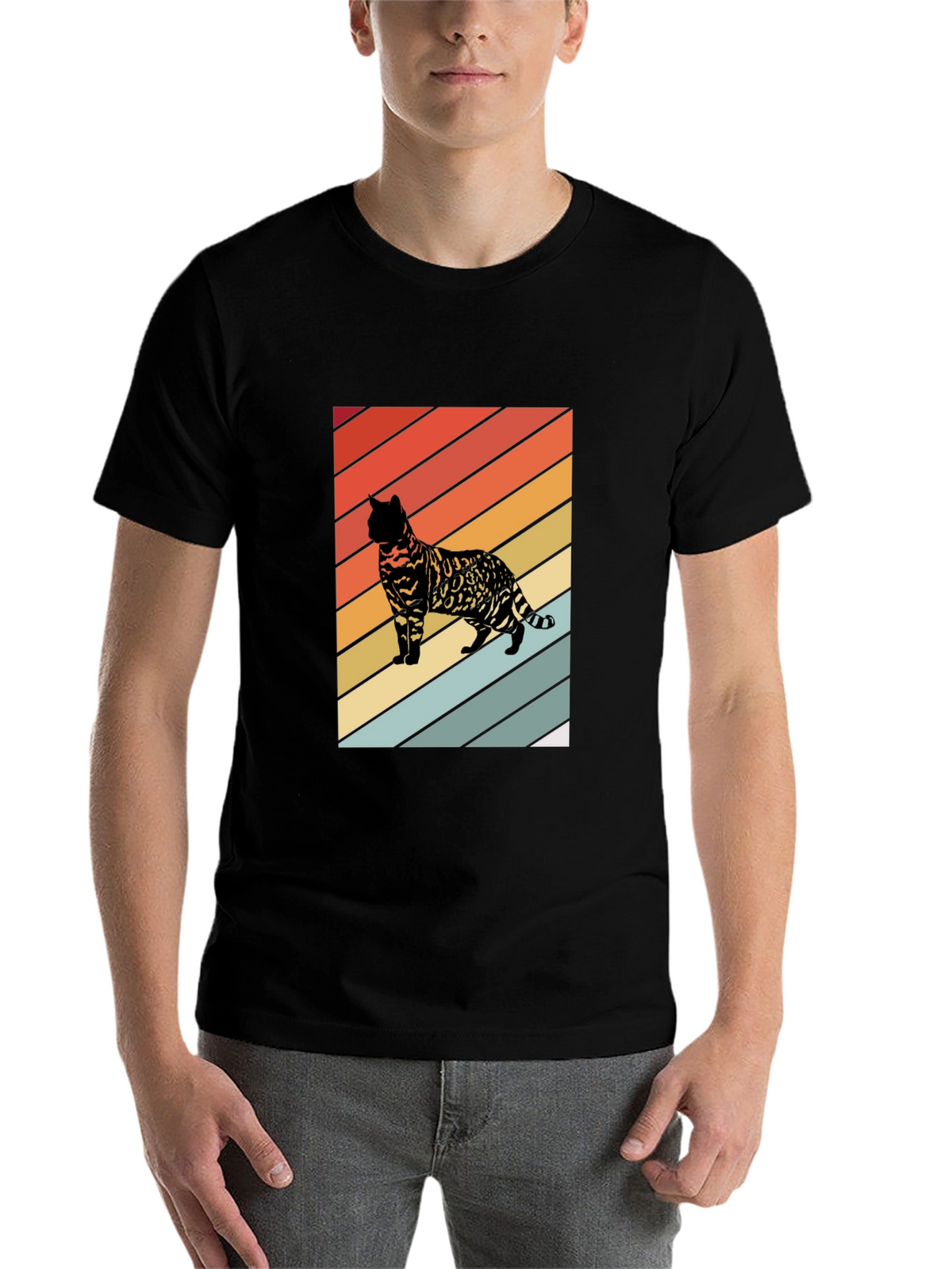 Retro Cat Graphic T-Shirt - Striped Design