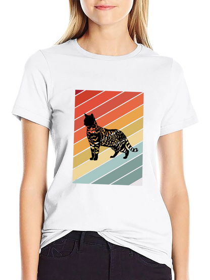Retro Cat Graphic T-Shirt - Striped Design