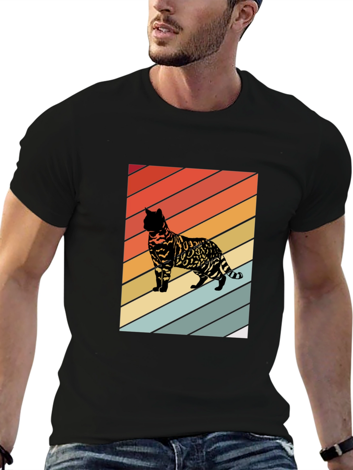 Retro Cat Graphic T-Shirt - Striped Design