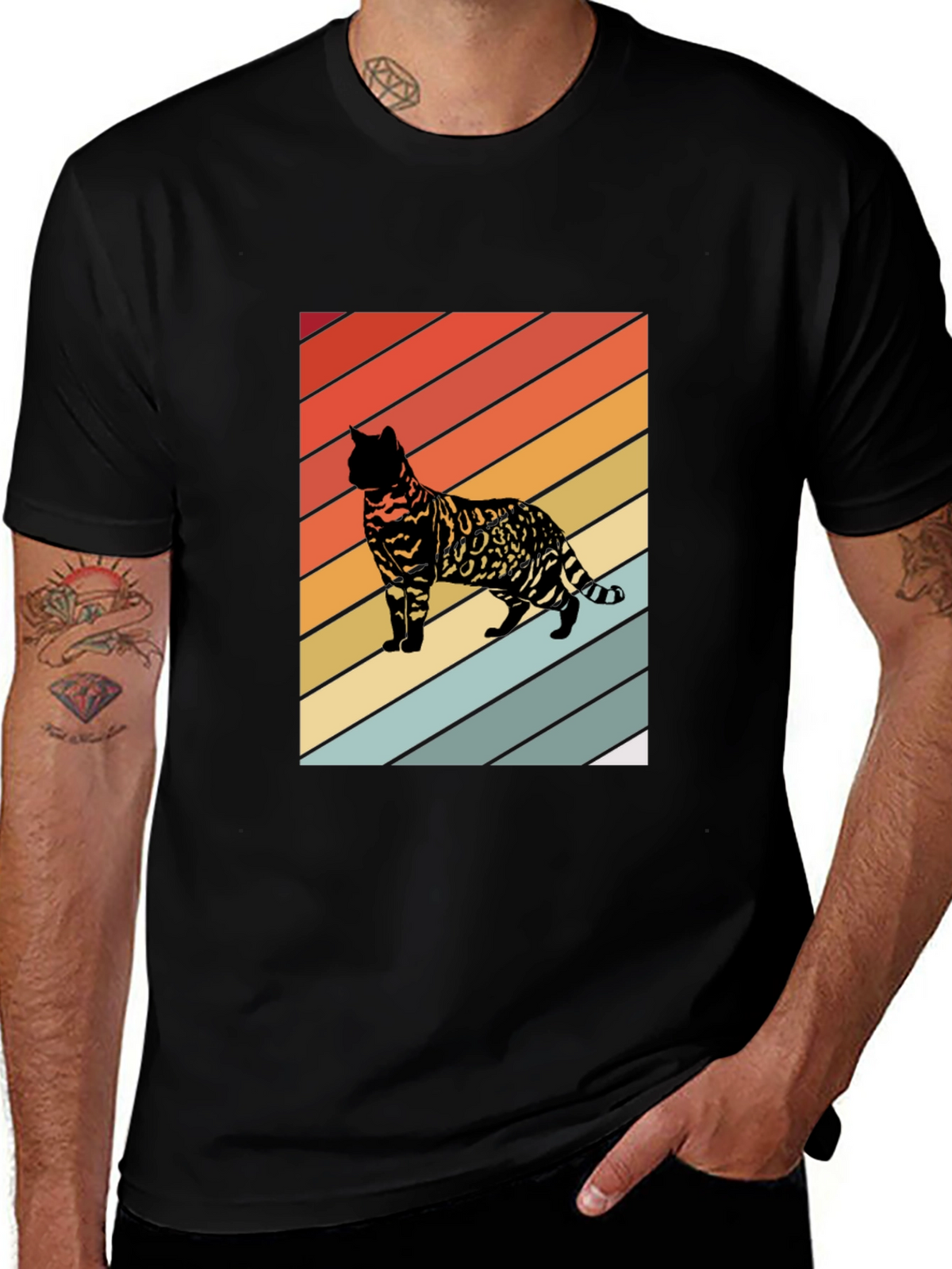 Retro Cat Graphic T-Shirt - Striped Design