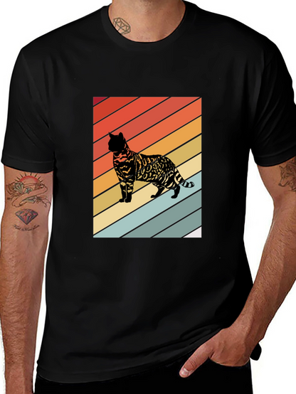 Retro Cat Graphic T-Shirt - Striped Design