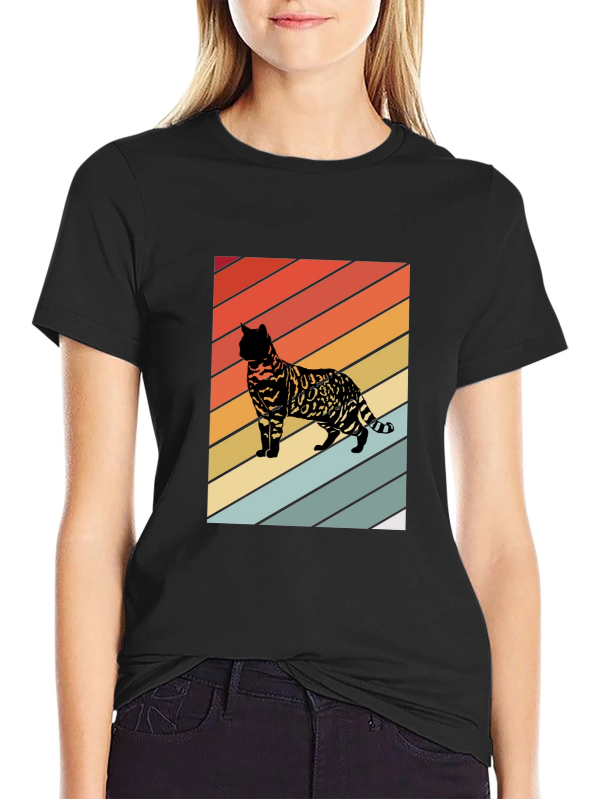 Retro Cat Graphic T-Shirt - Striped Design