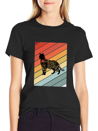 Retro Cat Graphic T-Shirt - Striped Design