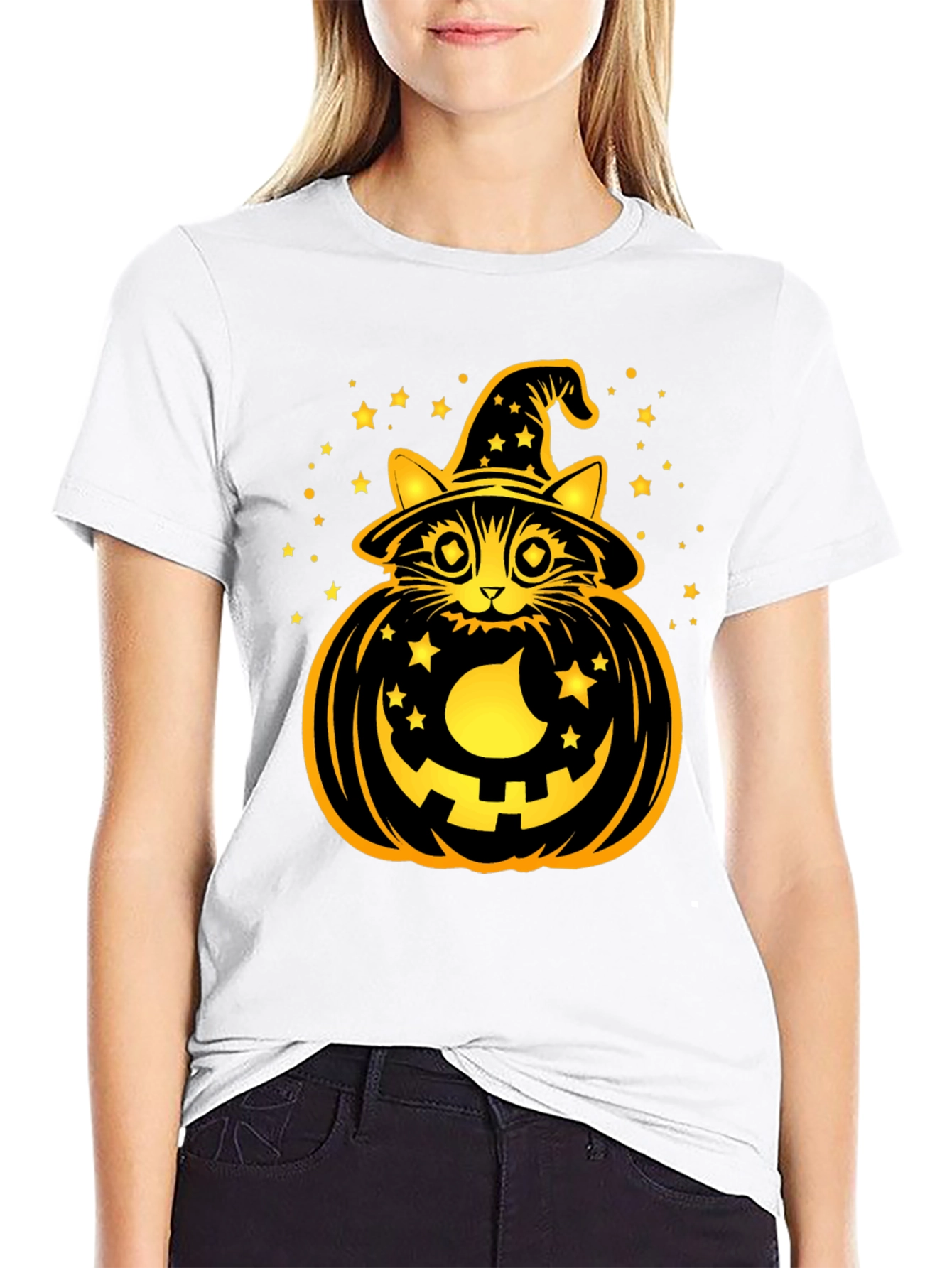 Halloween Cat Pumpkin Black T-Shirt