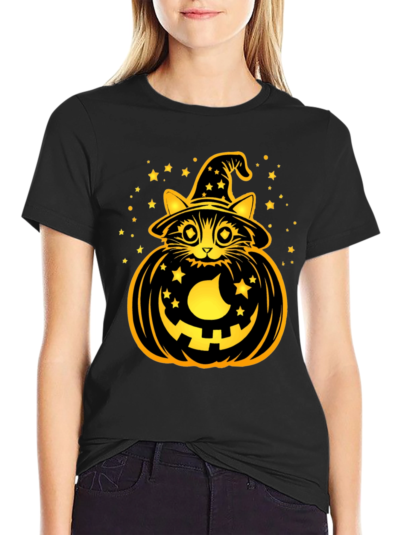 Halloween Cat Pumpkin Black T-Shirt