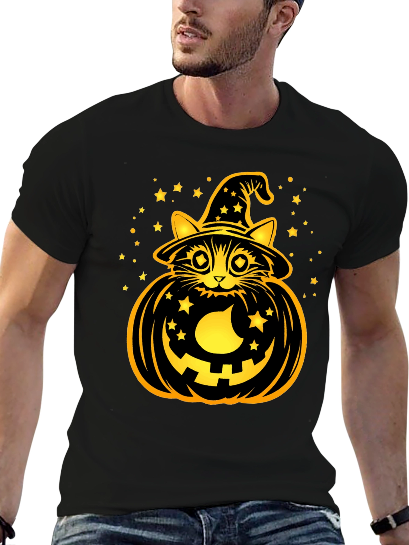 Halloween Cat Pumpkin Black T-Shirt
