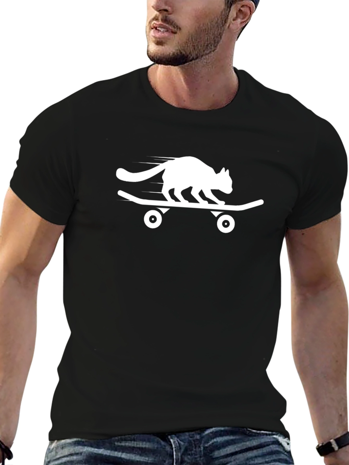 Skateboarding Cat Graphic Tee - Black