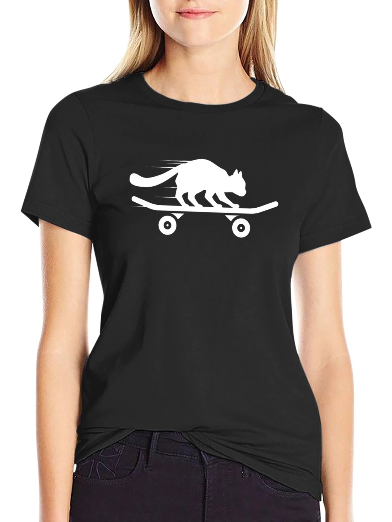 Skateboarding Cat Graphic Tee - Black