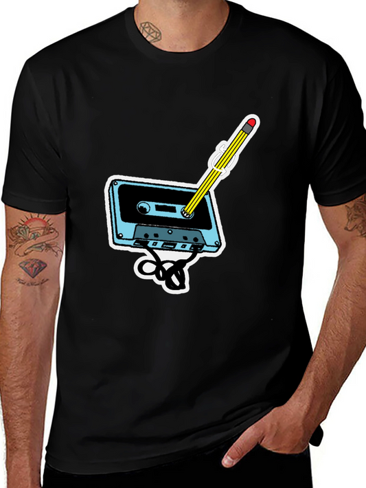 Retro Cassette & Pencil Graphic T-Shirt