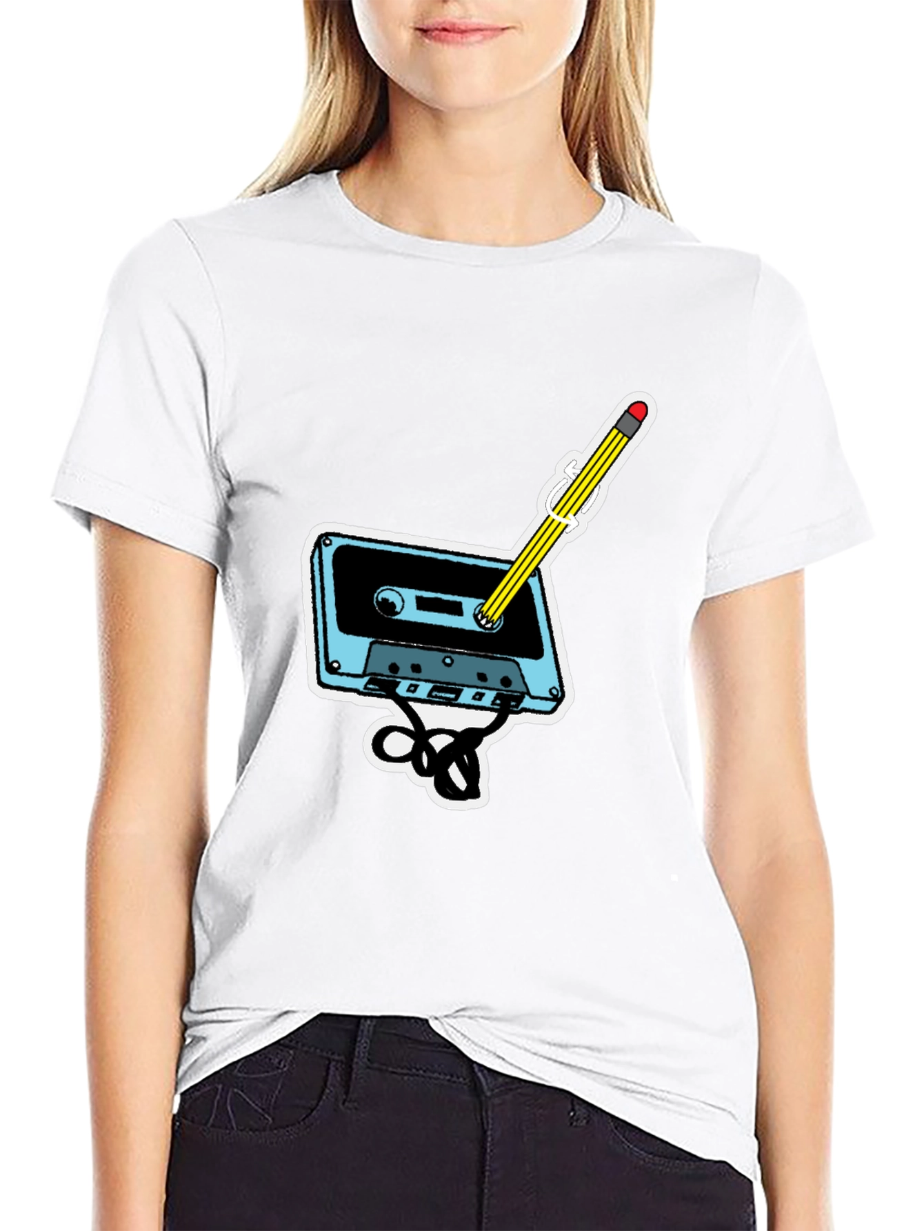 Retro Cassette & Pencil Graphic T-Shirt