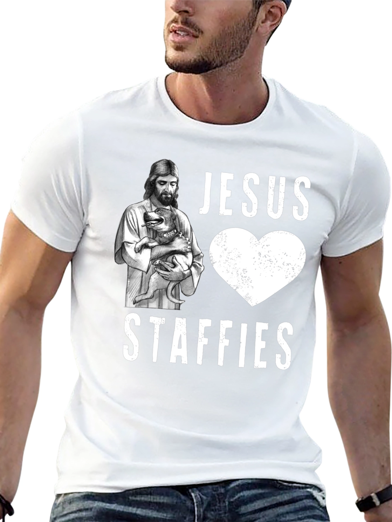 Jesus Loves Staffies T-Shirt - Funny Dog Lover Tee