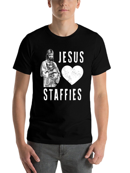 Jesus Loves Staffies T-Shirt - Funny Dog Lover Tee