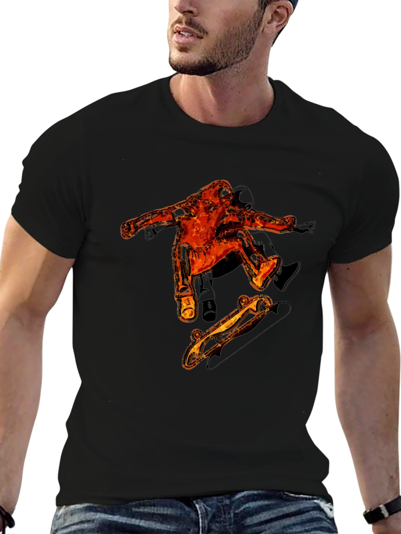 Fiery Skater Graphic Tee - Black Cotton T-Shirt