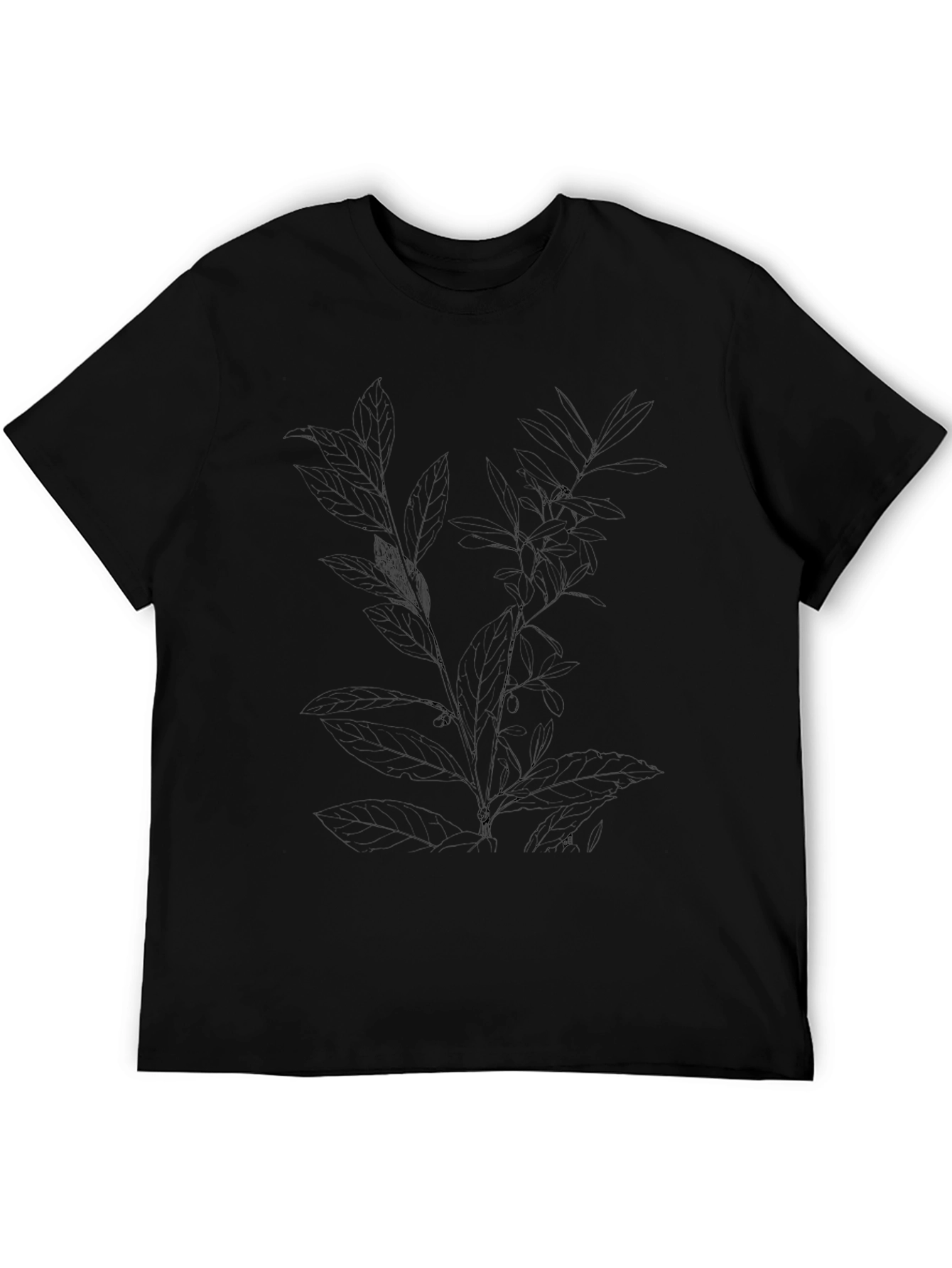 Mens Black Tee with Botanical Leaf Print