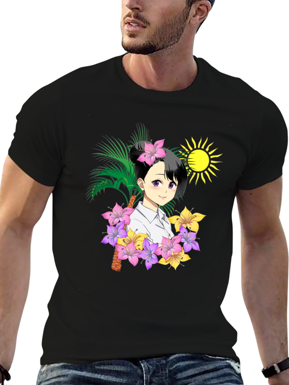 Anime Girl Floral T-Shirt