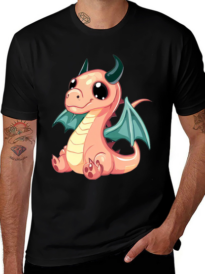 Cute Cartoon Dragon Graphic Tee - Black