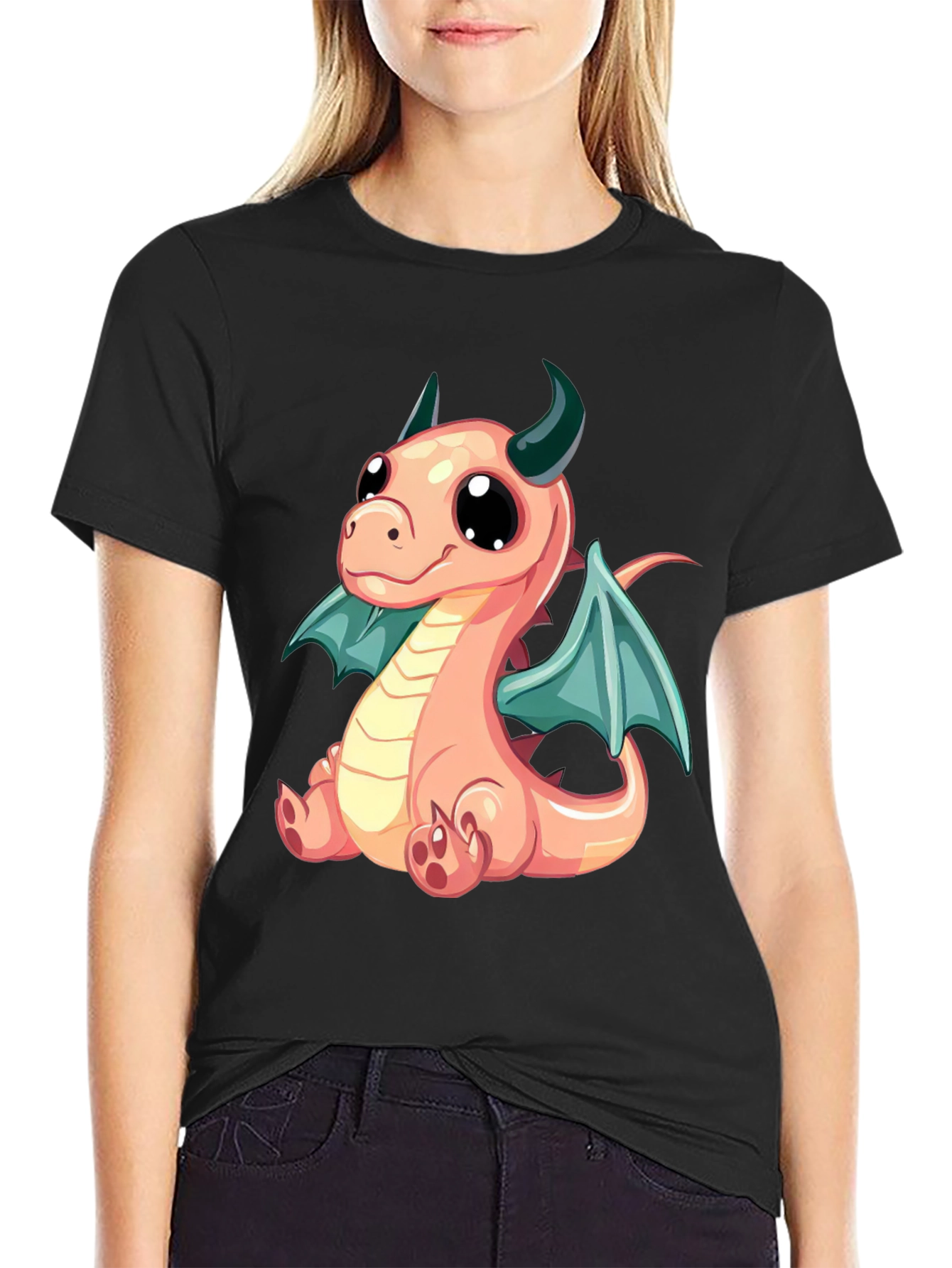 Cute Cartoon Dragon Graphic Tee - Black