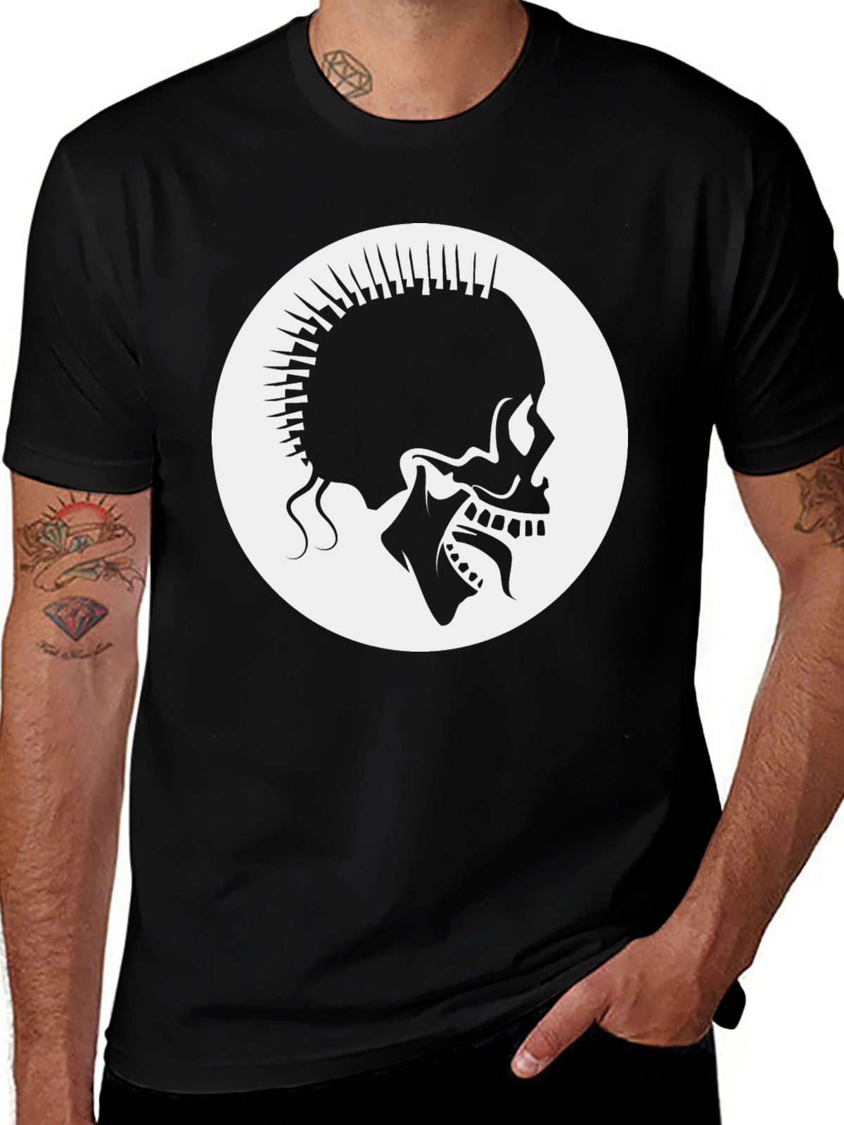 Punk Skull Graphic Tee - Black Cotton Casual T-Shirt